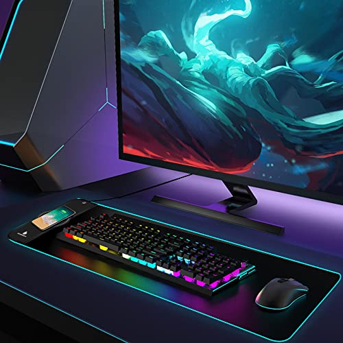 Mouse Pad,Gaming Desk Mat,Mouse Pad with Wireless Charging | 15W Fast Chargering,10 Lighting Modes,for Gaming Keyboard&Mouse,Home&Office,Mobile Phone Devices,31.5"X11.8",Flare Color - color: Flare Color
