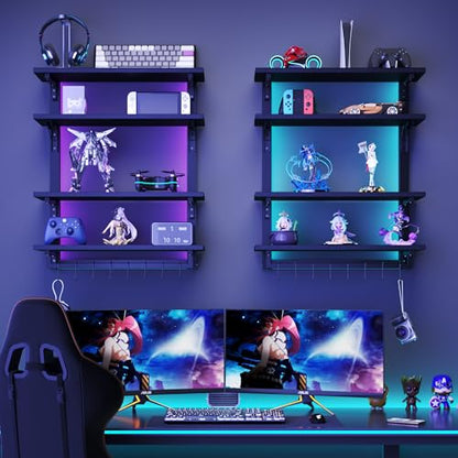 Spacesea Foldable Gaming Floating Shelves with Adjustable Shelf, 24 Inch Wall Mounted Shelves with Dynamic LED, 4 Tier Wall Mounted Shelves with Towel Bar & 8 Hooks, Cool Wall Display Rack
