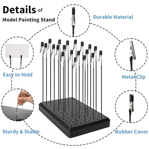 Tlence 19 x 14 Holes Model Painting Stand Base, 25 PCS Alligator Clip Sticks with Rubber Tips, Airbrush Spray Holder with Clean Brush, Clamping Tools Set for Model Parts Assemble DIY Crafts Photo Memo