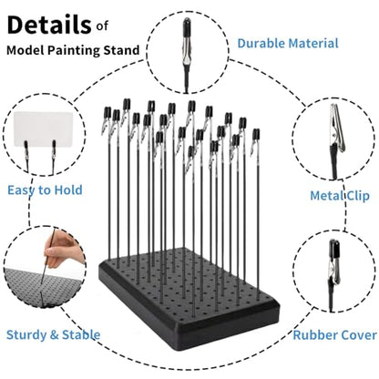 Tlence 19 x 14 Holes Model Painting Stand Base, 25 PCS Alligator Clip Sticks with Rubber Tips, Airbrush Spray Holder with Clean Brush, Clamping Tools Set for Model Parts Assemble DIY Crafts Photo Memo