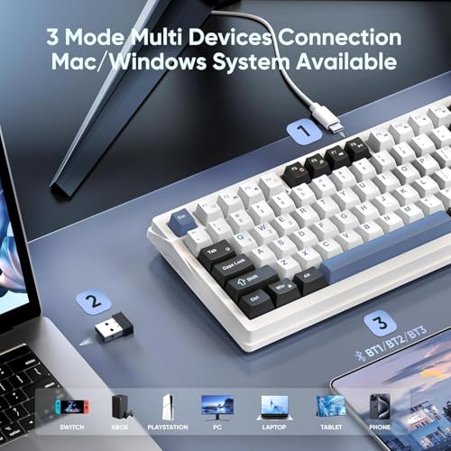 RedThunder K95 Wireless Mechanical Keyboard, TFT Screen & Knob, Tri-Mode BT5.0/2.4GHz/USB-C Hot Swappable Custom, Pre-lubed Linear Switches, Gasket Structure, RGB Gaming Keyboard, Snowy White-Blue - color: Snowy White