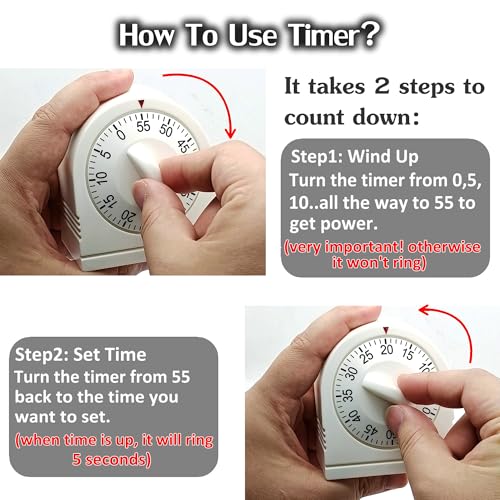 60 Minute Wind Up Timer, Visual Mechanical Timer with Loud Alarm, Manual Countdown Timers for Classroom, Home, Study and Cooking (White) - color: White