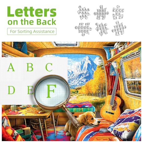 Puzzles for Adults 1000 Pieces Fall Mountain Camping Jigsaw Puzzles | Dog Animal Landscape Jigsaw Puzzles 1000 Pieces for Adults with Letter Challenging Game Nights, Dust Free, 27.5 x 19.7 Inches - color: Yellow - Mountain View Camping