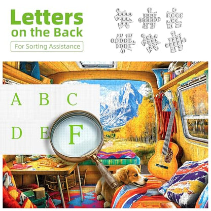 Puzzles for Adults 1000 Pieces Fall Mountain Camping Jigsaw Puzzles | Dog Animal Landscape Jigsaw Puzzles 1000 Pieces for Adults with Letter Challenging Game Nights, Dust Free, 27.5 x 19.7 Inches - color: Yellow - Mountain View Camping