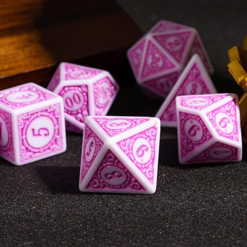 7PCs DND Dice Set, Unique Window Lattice Pattern D&D Dice Set with Leather Die Bag, Polyhedral Die for RPG Table Games (Pink/White) - color: Pink With White Edge