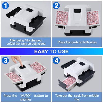 FEIERYA Automatic Card Shuffler 2/1/4/6 Deck,Battery-Operated Electric UNO Poker Shuffler,Playing Card Shuffler for Home Card Game,Travel - size: 2 Decks Rechargeable