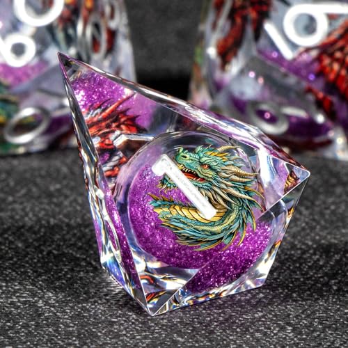 KERWELLSI Liquid Core Dragons Pattern Dice, Resin DND Dice Set with Gift Box, Purple Sharp Edged Dungeons D&D Dice, Role Playing Game Dice D20 D12 D10 D8 D6 D4 - color: Purple