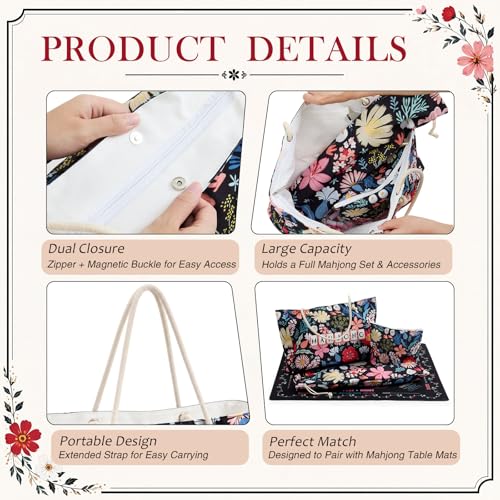 Soulchen 3 Pcs Empty Mahjong Bag Set American Mahjong Buckled and Zippered Carrying Bag with Handle, Tile case and Drawstring Protective Sleeve for Rack Game Travel Accessories Gift (Black Floral) - style: Black Floral
