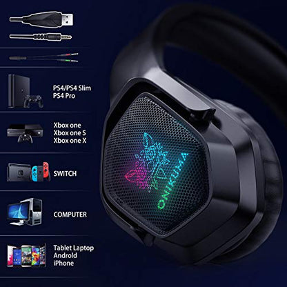 Gaming Headset with Microphone, Noise Canceling Headphones with 3D Surround Sound Stereo, Soft Earmuff & RGB LED Light, Over-Ear Game Headphones for PC, PS4, Xbox One, PS5, Mac, Laptop-Black