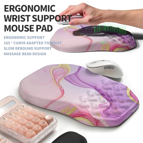 2-in-1 Ergonomic Set, Wave Keyboard Wrist Rest and Massage Slope Mouse Pad Wrist Support, Rebound Memory Foam for Relieve Carpal Tunnel Syndrome and Wrist Pain (Pink Purple Marble) - color: Pink Purple Marble