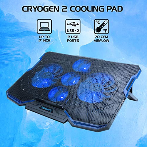 ENHANCE Cryogen Gaming Laptop Cooling Pad - Fits 17 in Computer- Adjustable Laptop Cooling Stand with 5 Quiet Cooler Fans, 2 USB Ports and LED Lighting - Slim Portable Design 2500 RPM (Blue) - color: Blue