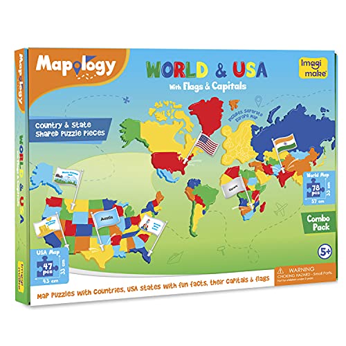 Imagimake Mapology USA & World Map Puzzle with Flags, Capitals, Stickers | Educational Toys for Ages 5-7 | Jigsaw Puzzles for Kids Ages 8-10 | Geography Toys for Age 8-13 | 6 Year Old Boy & Girl Gifts - style: USA & World Map