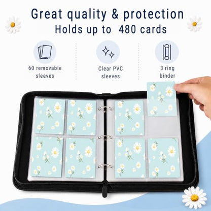 Cute Trading Card Binder for Girls for 480 Pockets, Small Cards Holder Case with Zipper for Cards Sticker Photocard Collection, 4 Pocket Blue Flower - color: Blue