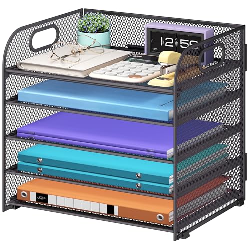 Cawukege 5 Tier Paper Organizer with Handle, Grey Metal Mesh Desk Organizer File Folder Paper Letter Tray Desktop Document Sorter for Classroom, School, Office Accessories Organization and Storage - color: Gray