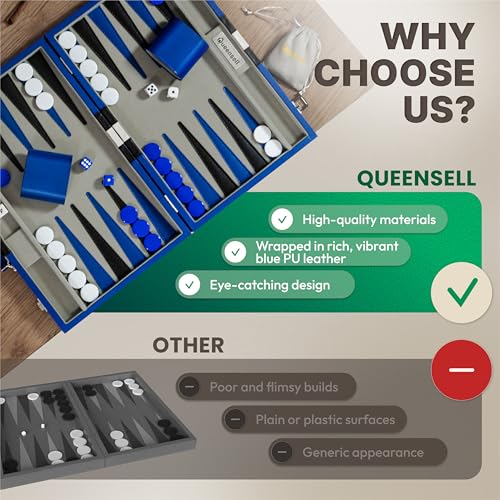 Large Blue Backgammon Sets for Adults - Classic Board Games for 2 Players Adults and Kids - Premium Backgammon Set 15 Inch Board and 32 Backgammon Pieces in Quality PU Leather Case - style: Premium Blue
