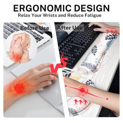 Arttown Keyboard Mouse Pad Set, 4 in 1 Desk Mat Set Tropical Leaves | Spring Pink Blue Large Mousepad+Keyboard Wrist Rest+Mouse Wrist Rest+Coaster Ergonomic Design for Home Office Computer - color: Leaves