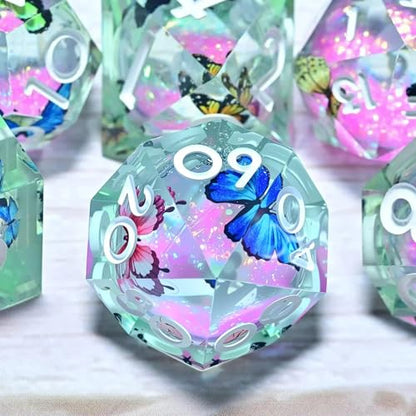 Resin Cat Head DND Dice, Sharp Edge Dungeons and Dragons Polyhedron Game Dice Set for Role Playing Games RPG Explorer Magic, Holiday Birthday Gifts Party Gifts - color: Butterfly+pink