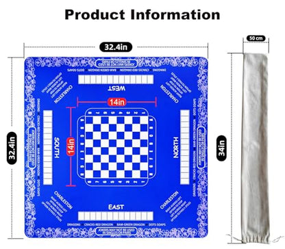 Mahjong Mat with Rules,Neoprene Noise Dampening Mat | Includes 3 Dice & Carry Bag with Rules & Instructions (Blue)