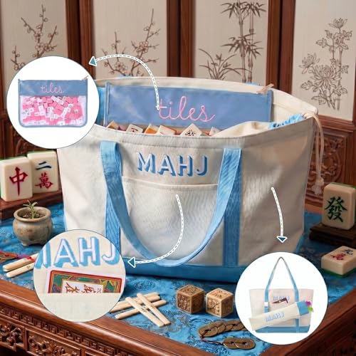 American Mahjong Tile Set, 166 Premium Blue Tiles, 4 All-in-One Color Racks/Pushers, Mahjong Accessories Mahjong Set Complete with Bag (Ma Jong, Mah-Jongg, Majiang)