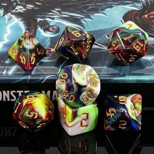 QMAY DND Dice Set - Polyhedral Dice (Blue Mix Blood red) 7 Pcs for Dungeon and Dragons D&D RPG Role Playing Games Dice with Dice Bag - color: Blue and Blood Red