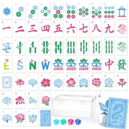 Capoda 180 Tiles Mahjong Playing Cards with Storage Box Acrylic Dice Blue Pink Floral Numbered Large Print Poker Mahjong Tiles for Adults Portable Travel Gathering Game Enthusiasts Supplies Gift