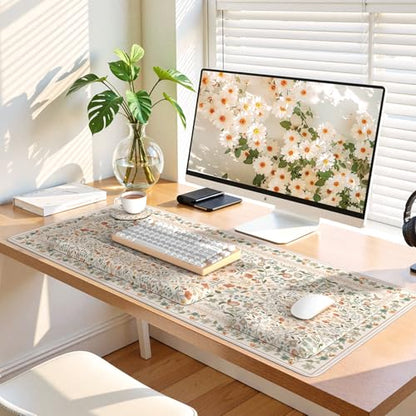 iLeadon Ergonomic Mouse Pad with Wrist Rest, Beige Desk Mat Set | Non Slip Mouse and Keyboard Pad, Cute Desk Pad Mat Sets, Extra Large Desk Cover Mat with Coaster for Women Home Office - color: Beige