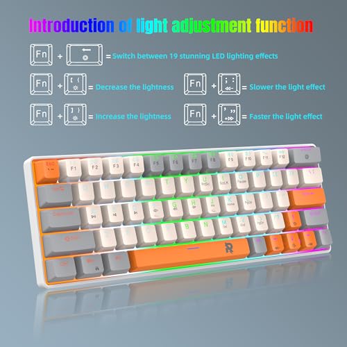 60% Mechanical Gaming Keyboard 60 Percent,LED Backlit Compact 63 Keys Mini Wired Keyboard for PC,Windows XP,Win 7/10,Vista,Me,Typist,Travel,(Grey-White-Orange, Blue Switches)