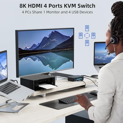 8K HDMI KVM Switch 4 Computers Sharing 1 Monitor, ANXQQ EDID Function KVM Switch HDMI 4 Port 8K@60Hz 4K144Hz for 4 USB Devices, Keyboard Mouse Switch with 4 USB Cables, Wired Control and Power Supply