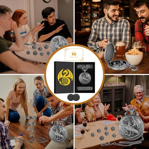 Mini DND Dice Set with Steampunk Dragon Pocket Watch Case, Tiny 7-Piece Polyhedral Metal D&D Dice, DND Gifts with Gift Box for DND Lovers, Role Playing Game Board Game Accessories Dice, Dark Silver - color: Dark Silver