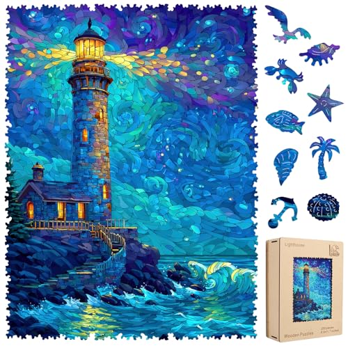 Leodozzio 200Pcs Wooden Jigsaw Puzzle Lighthouse Decor Gift 8.8x11.7in | 5mm Thick LightHouse design,hand-painted unique shape pieces,House art Wall Decor,brain teaser,Relaxing Gift for Adults&Teens - color: Lighthouse, size: 200 pieces