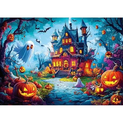 Halloween Jigsaw Puzzle 1000 Pieces for Adults - Haunted House Scene with Jack-o'-Lanterns, Ghosts & Bats - Spooky Night Sky Puzzle - Challenging 1000-Piece Jigsaw for Adults & Teens - color: House Scene, size: (27"X19")