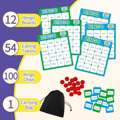 Sight Word Bingo Game, Learn to Read Vocabulary, Level 1 & Level 2 Bingo Board Game for Kindergarten, Preschool Learning Activities, Family Matching Games, Perfect for Classroom & Homeschool - style: Sight Words