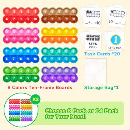 JoyCat 8 Ten Frame Math Manipulatives with 20 Task Cards, Ages 3-5 | Ten frame manipulatives with task cards suit preschool counting centers, small groups and home practice