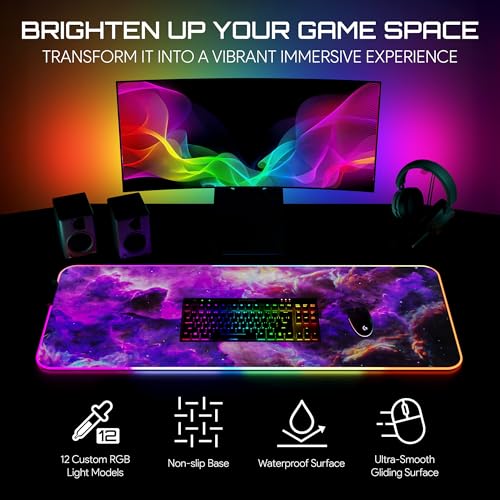 Gerlos RGB Gaming Mouse Pad, Large LED Desk Mat, 31.5 x 11.8 Inch | 12 light modes, non-slip base, water-resistant surface, stitched edges - color: Purple