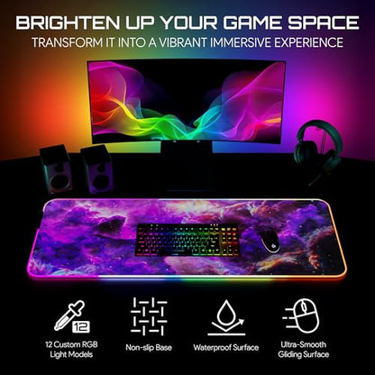 Gerlos RGB Gaming Mouse Pad, Large LED Desk Mat, 31.5 x 11.8 Inch | 12 light modes, non-slip base, water-resistant surface, stitched edges - color: Purple