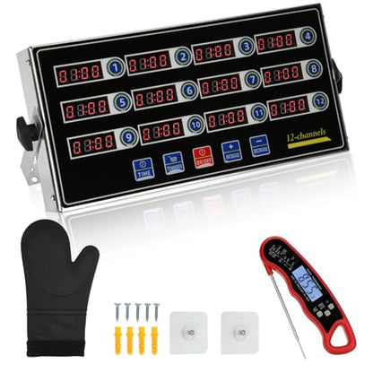 Commercial Kitchen Timer for Cooking, 12 Channel Timer Restaurant Kitchen Supplies, Heavy-Duty Timer - Stainless Steel | Digital LED Technology | Reminder Function | Loud Alarm - size: 12 channel