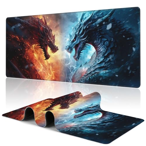 Desk Pad,Japanesev Anime Fire Ice Dragons Mouse Pad,31.5"X15.7" Extended Gaming Mouse Pad Mat with Stitched Edge Non-Slip Base Big Desk Mat for Office Keyboard Laptop - color: Fire Vs Ice Dragons Ready Battle