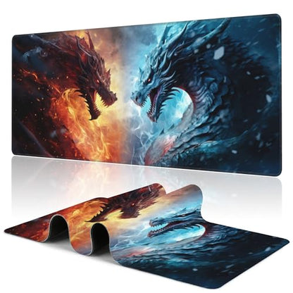 Desk Pad,Japanesev Anime Fire Ice Dragons Mouse Pad,31.5"X15.7" Extended Gaming Mouse Pad Mat with Stitched Edge Non-Slip Base Big Desk Mat for Office Keyboard Laptop - color: Fire Vs Ice Dragons Ready Battle
