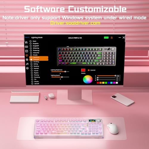 AULA F98 Pro V3 Wireless Mechanical Keyboard with Screen & Knob,Hot Swappable Pink Gaming Keyboard,Clear Keycap RGB Backlit Gasket Mount Creamy Keyboards with Number Pad for Office PC,10000mAh Battery - color: Pink