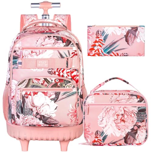 3Pcs Rolling Backpack for Girls Women, Travel Roller Backpacks with Wheels for Adults, Teens College Folwer Wheeled Bookbag with Lunch Box(Pink) - color: Flower Pink