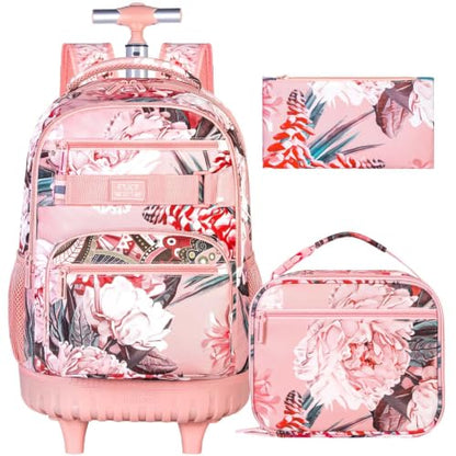 3Pcs Rolling Backpack for Girls Women, Travel Roller Backpacks with Wheels for Adults, Teens College Folwer Wheeled Bookbag with Lunch Box(Pink) - color: Flower Pink