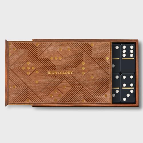 Iron & Glory Dominos Set for Adults - Board Games - Travel Dominoes Set - Tile Games - Classic Strategy Game for Family - Brain Teaser Puzzles - 28 Dominoes Tiles in Wood Box - Game Night Play