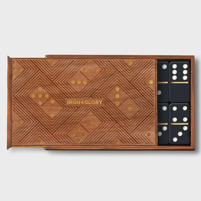 Iron & Glory Dominos Set for Adults - Board Games - Travel Dominoes Set - Tile Games - Classic Strategy Game for Family - Brain Teaser Puzzles - 28 Dominoes Tiles in Wood Box - Game Night Play