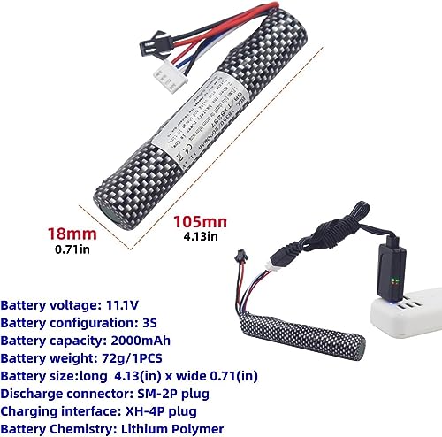 1PCS 3S 11.1V 2000mAh Li ion Battery with SM-2P Plug Connector and USB Charging Cable, Suitable for Airsoft Gel Water Droplet Blaster Air Gun Gel Ball Shock Wave Replacement Battery
