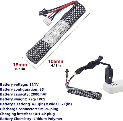 1PCS 3S 11.1V 2000mAh Li ion Battery with SM-2P Plug Connector and USB Charging Cable, Suitable for Airsoft Gel Water Droplet Blaster Air Gun Gel Ball Shock Wave Replacement Battery