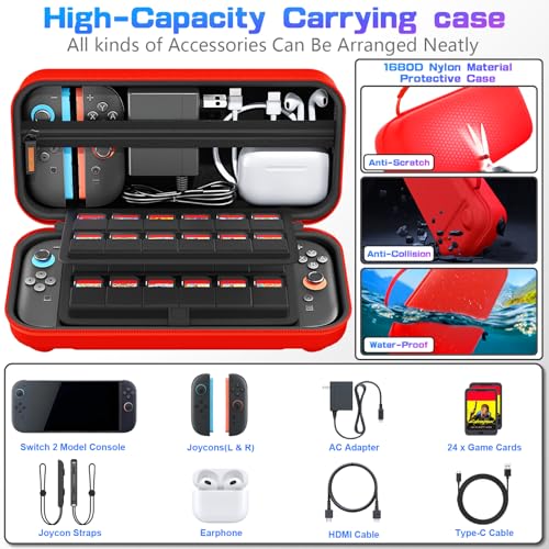 daydayup Switch Carrying Case Compatible with Nintendo Switch 2, with 24 Games Cartridges Protective Hard Shell Travel Carrying Pouch DS Case Red - color: Red, size: 2025-Inch