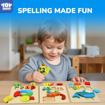 TOY Life Toddler Puzzles Ages 2-4, 6 Animals with Spelling Wooden Puzzles for Toddlers 3-5, Montessori Toys Gifts for 1 2 3 Years Old Boys Girls, Birthday Gifts Educational Learning Toys for Kids - style: Animals with Spelling 6PCS