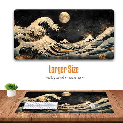VNDL Large Japanese Black and Gold Gaming Mouse Pad, Sea Waves, Premium Non-Slip Anime Desk Pad for Office, Extended XL XXL Mouse Mat and Laptop Pad, Waterproof and Stiched Edges 31.5 x 15.7 in (wg1) - color: wg1
