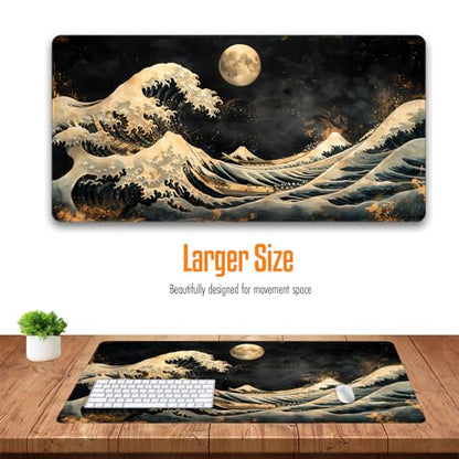 VNDL Large Japanese Black and Gold Gaming Mouse Pad, Sea Waves, Premium Non-Slip Anime Desk Pad for Office, Extended XL XXL Mouse Mat and Laptop Pad, Waterproof and Stiched Edges 31.5 x 15.7 in (wg1) - color: wg1
