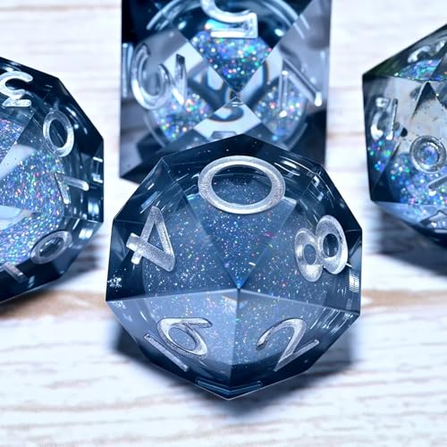 Resin Dice Set,Dragon and Dungeon Polyhedral Metal Dice, Punk Style Role-Play RPG Explorer MTG Pioneer Game DND Dice Set - color: Black Sand-white Text
